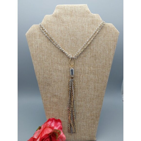 Chico's Two Tone Gold & Silver Multi Chain Pendant Necklace Rhinestone Accents L - Picture 2 of 9